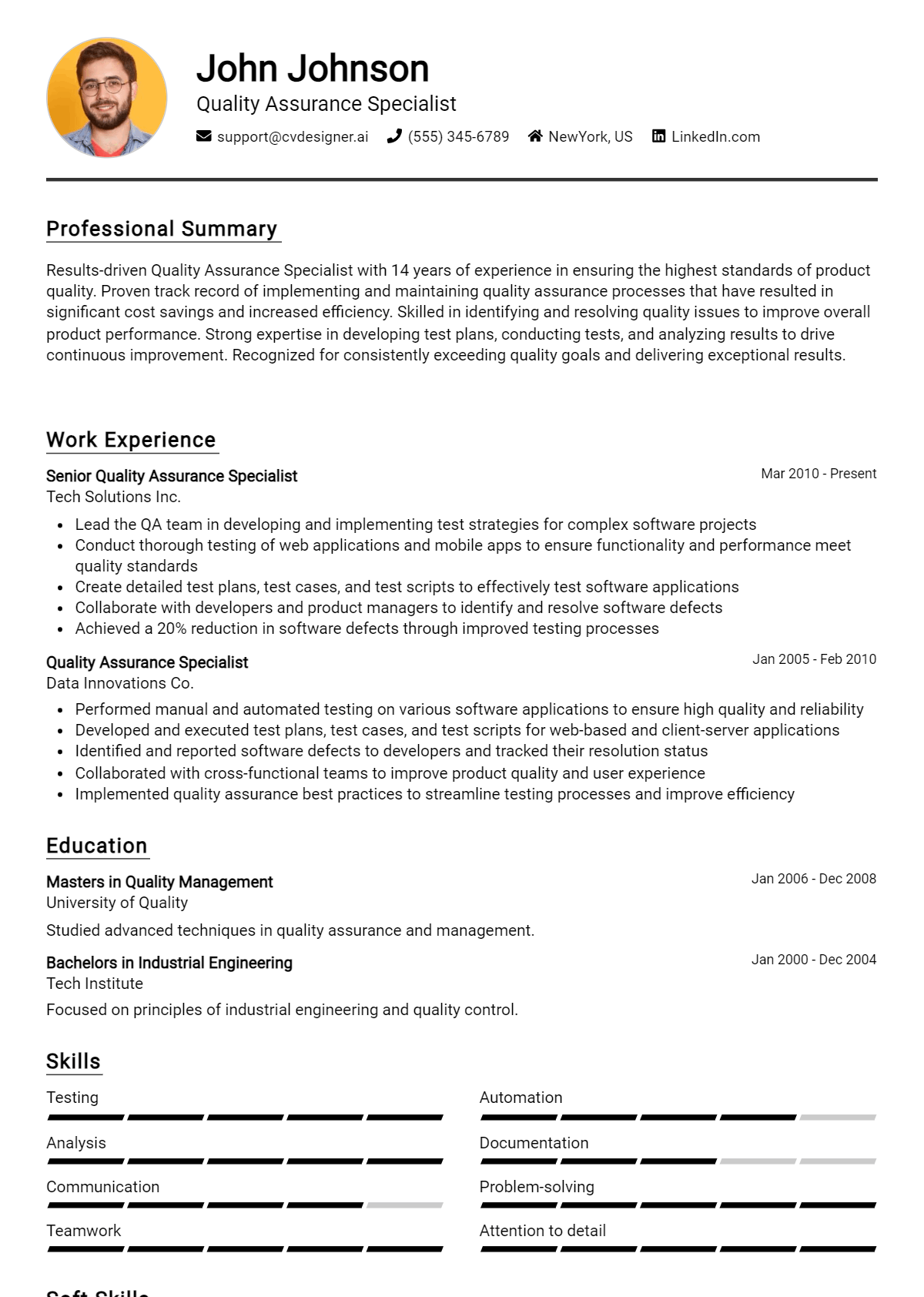 Quality Assurance Specialist Resume Example for 2024: Free Professional ...