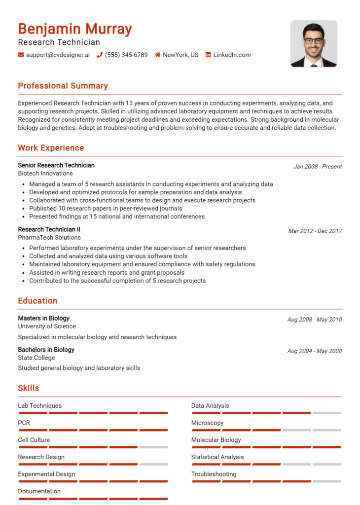 Research Technician Resume Example