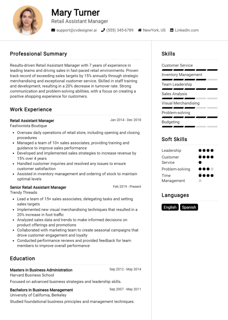 Retail Assistant Manager Resume Example