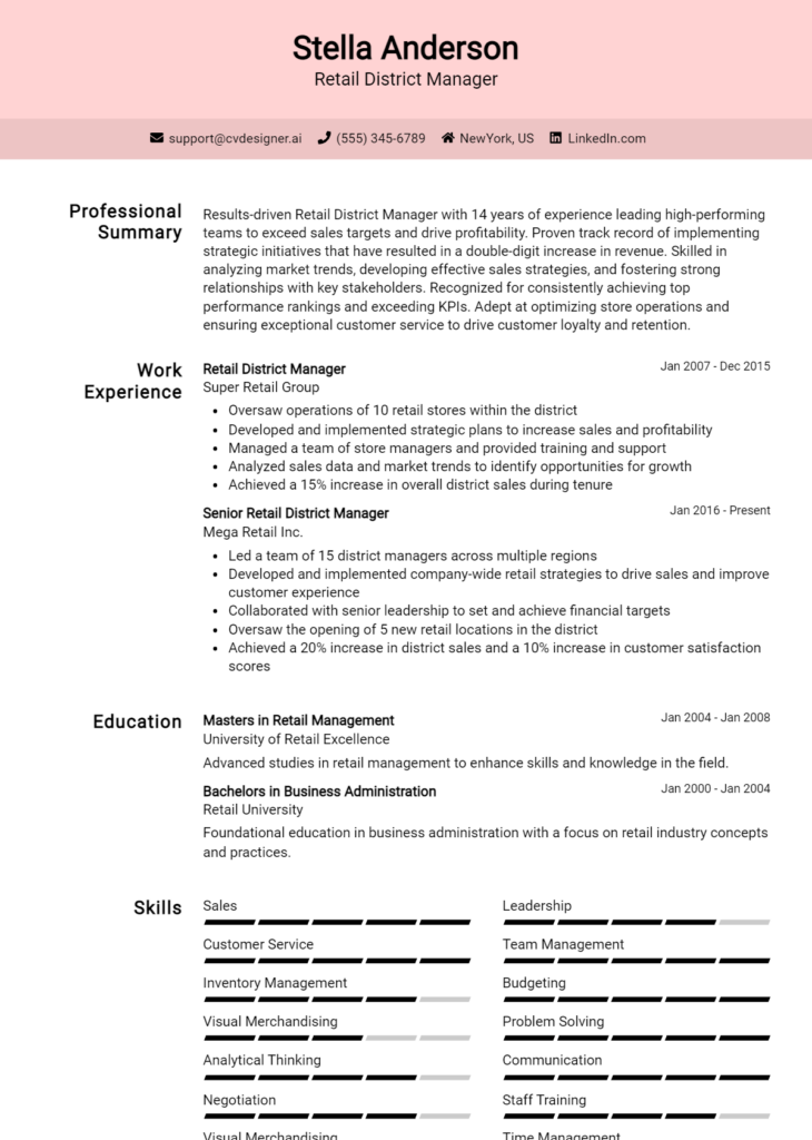 Retail District Manager Resume Example