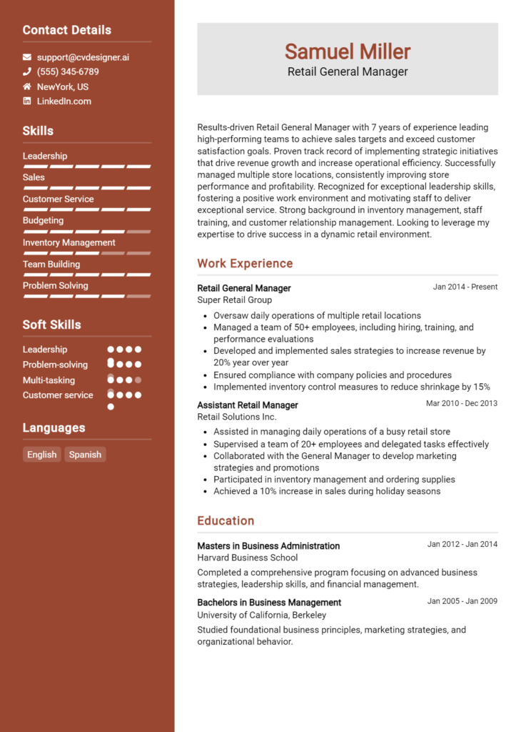 Retail General Manager Resume Example