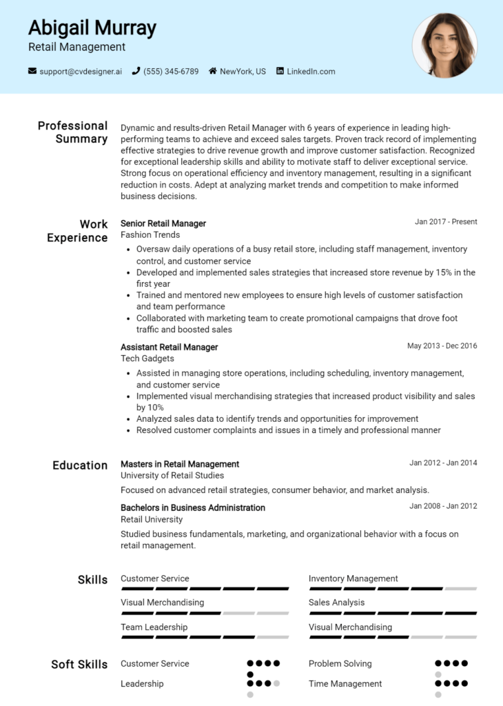 Retail Management Resume Example