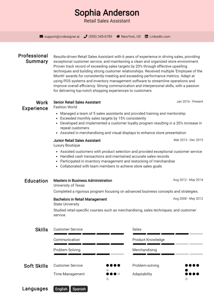 Retail Sales Assistant Resume Example