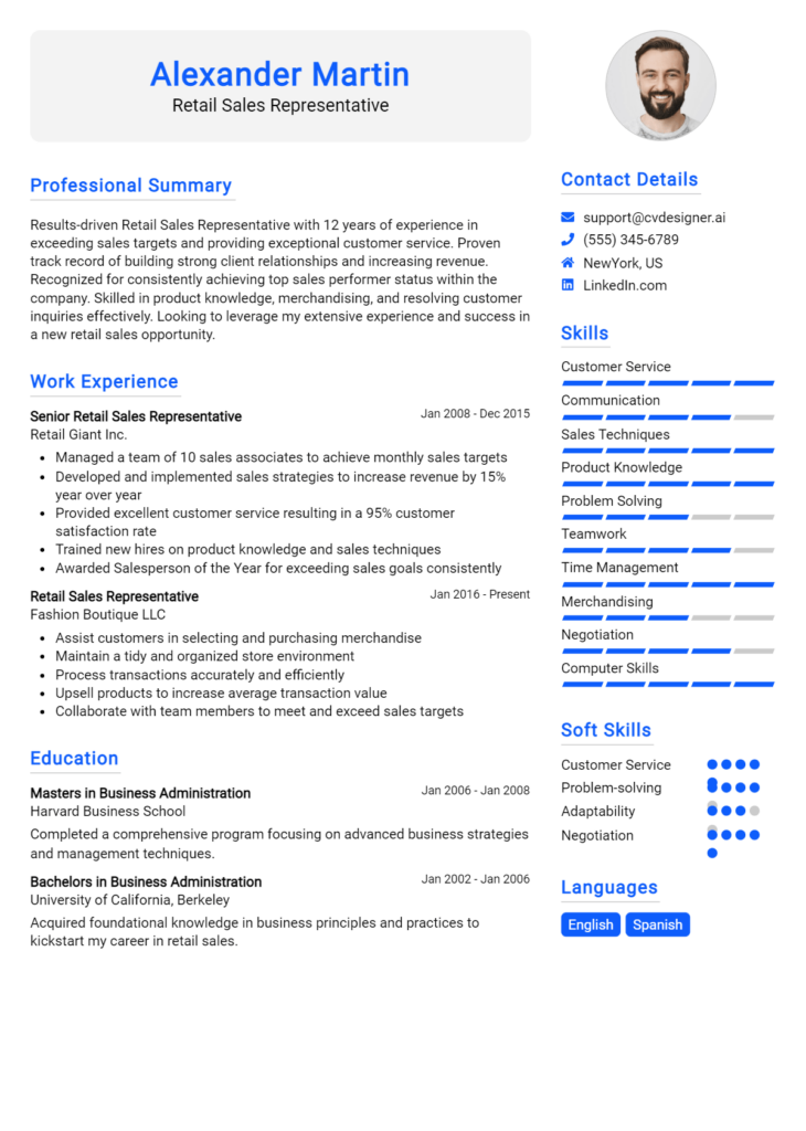 Retail Sales Representative Resume Example