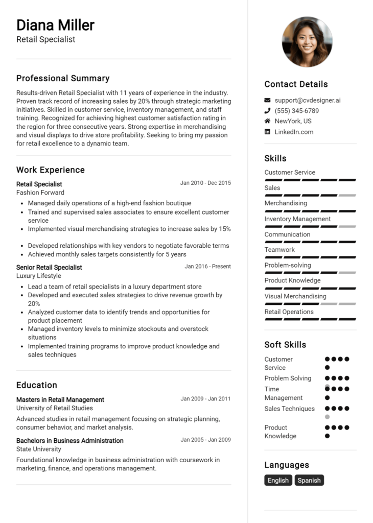 Retail Specialist Resume Example