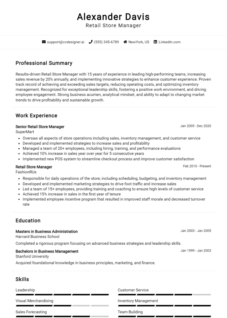 Retail Store Manager Resume Example