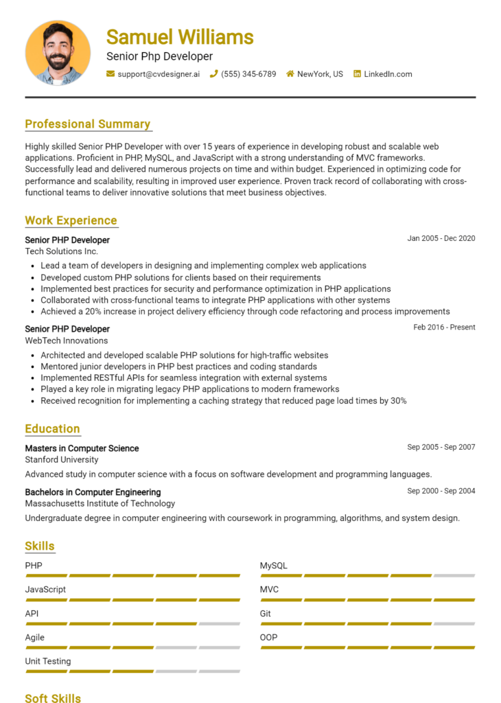 Senior Php Developer Resume Example