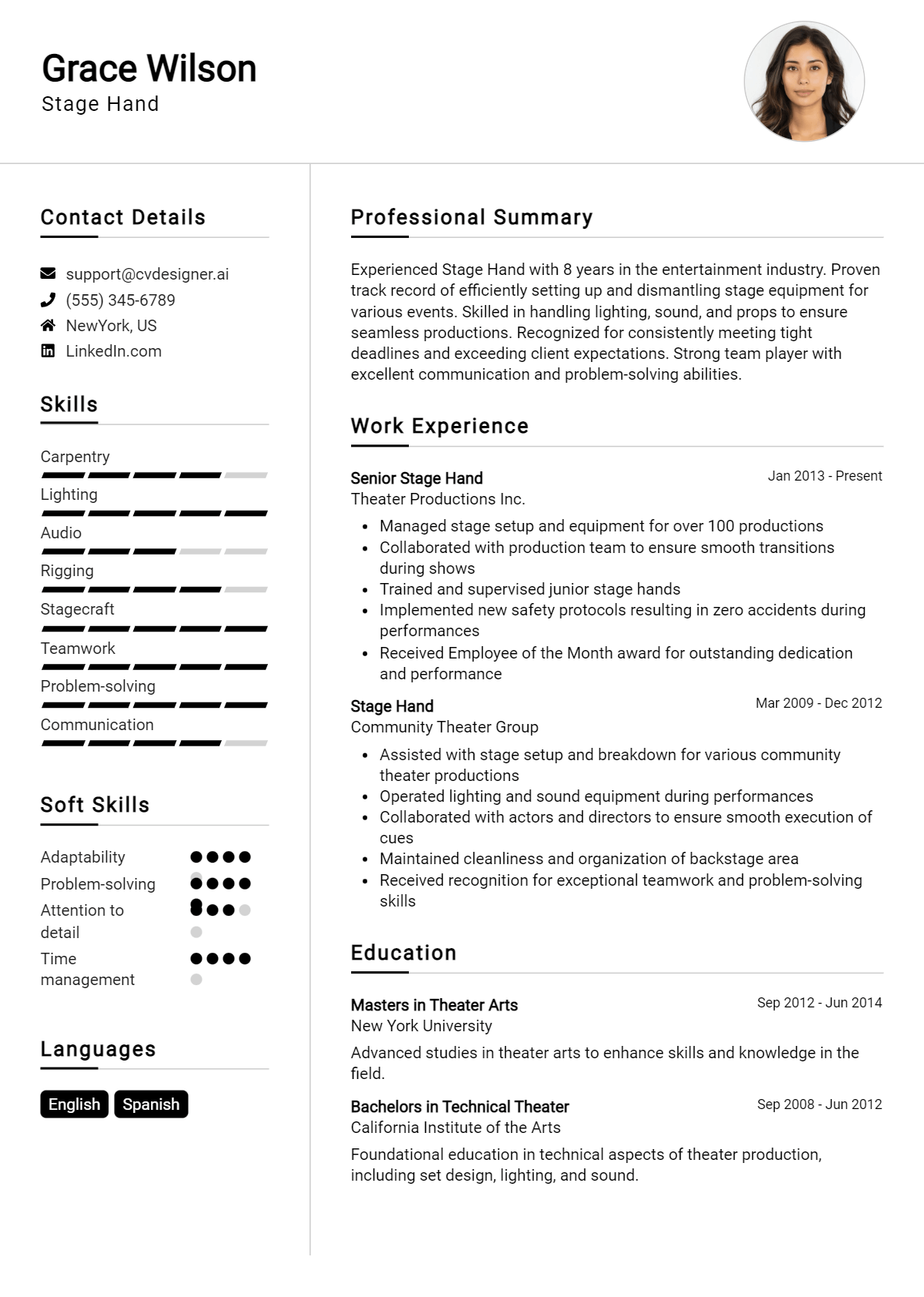 Stage Hand Resume Example for 2025 - Stage Hand Resume Example 