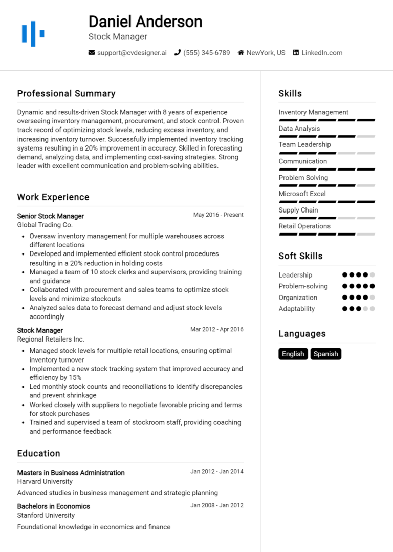 9 Stock Manager Resume Examples - Stock Manager Resume Example 768x1078 