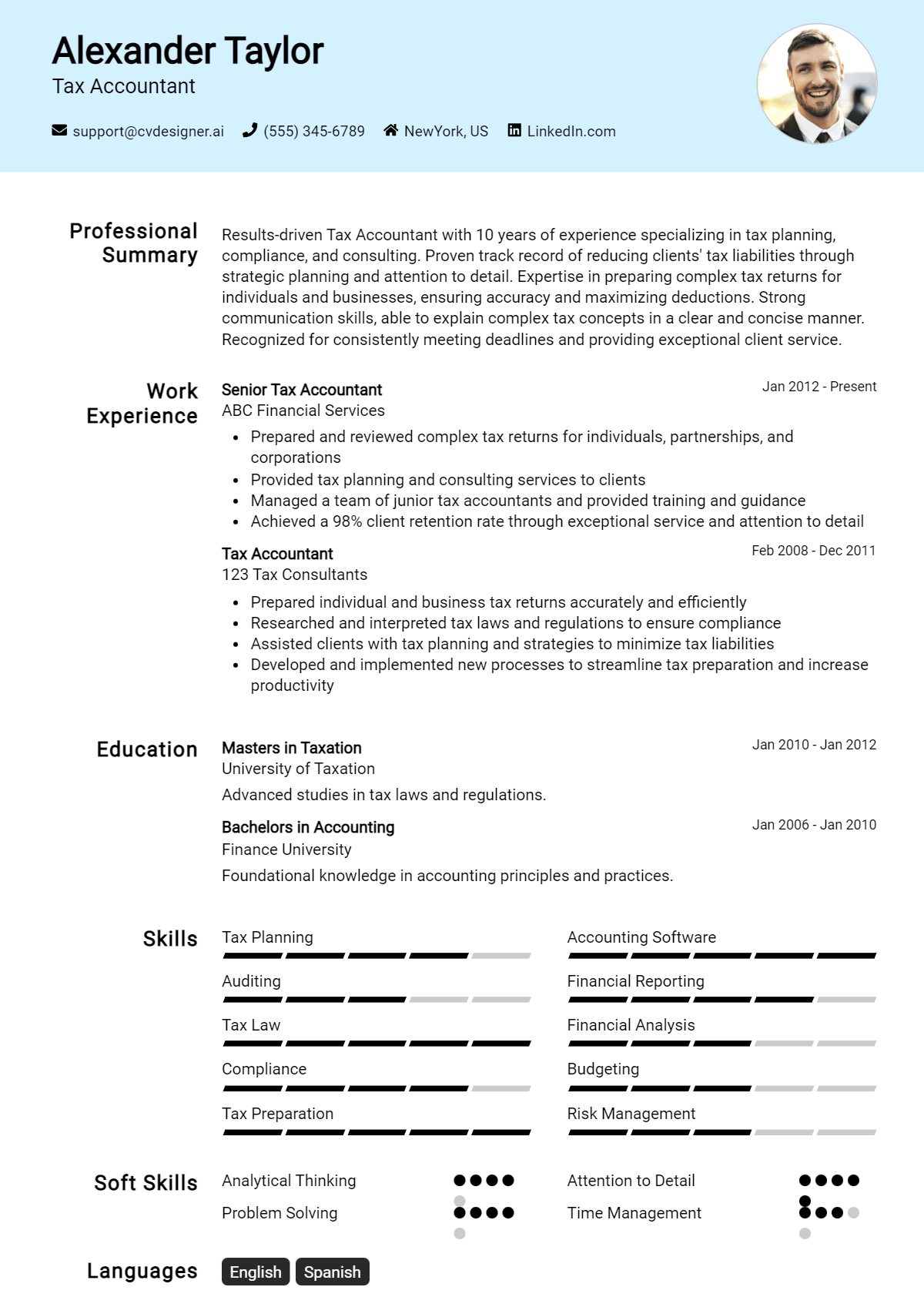 14 Tax Consultant Resume Examples And Templates for 2024 - CVDesigner.ai