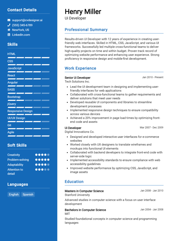 Ui Developer Resume Example