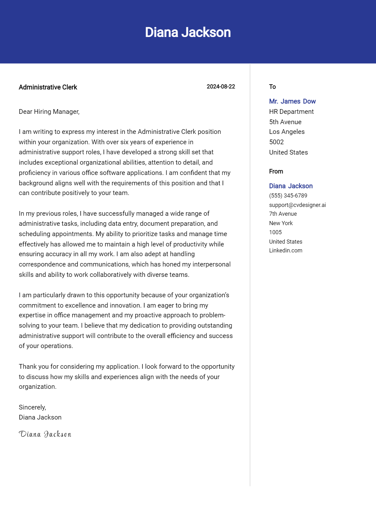 administrative clerk cover letter example