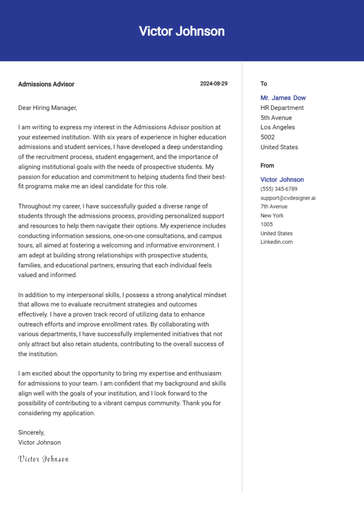 admissions advisor cover letter example