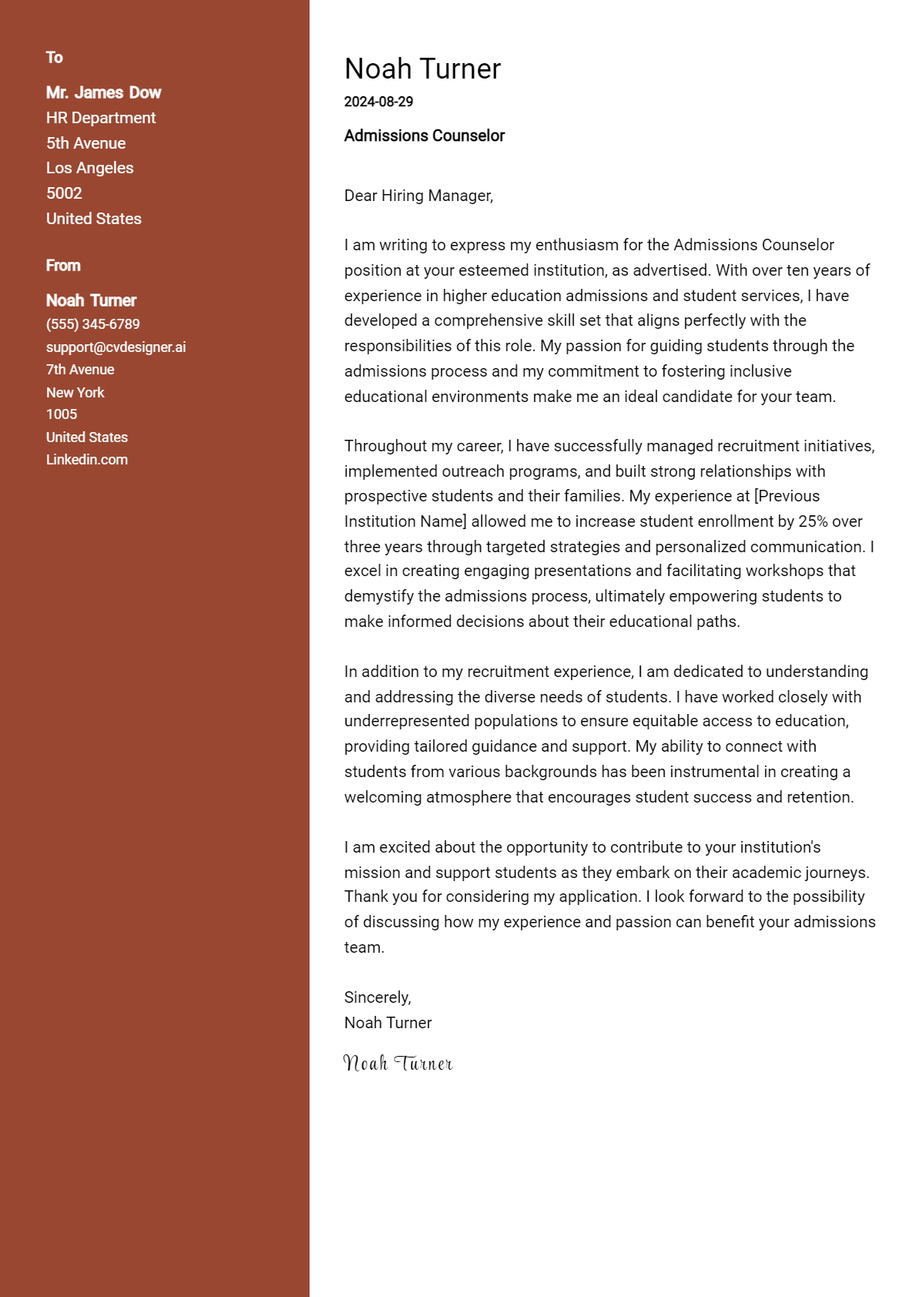 admissions counselor cover letter example