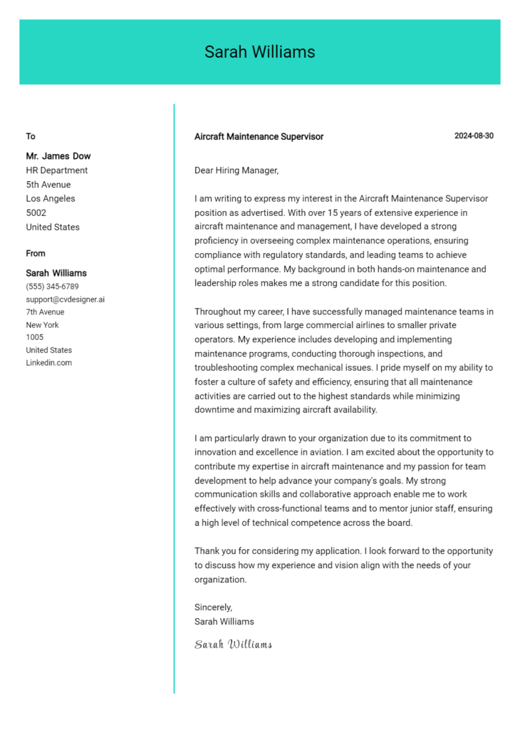 aircraft maintenance supervisor cover letter example