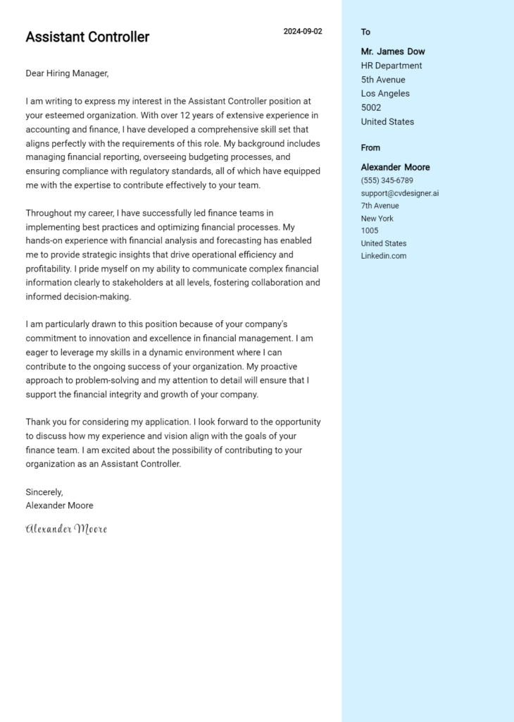 Assistant Controller Cover Letter Examples with Writing Tips for 2025 ...