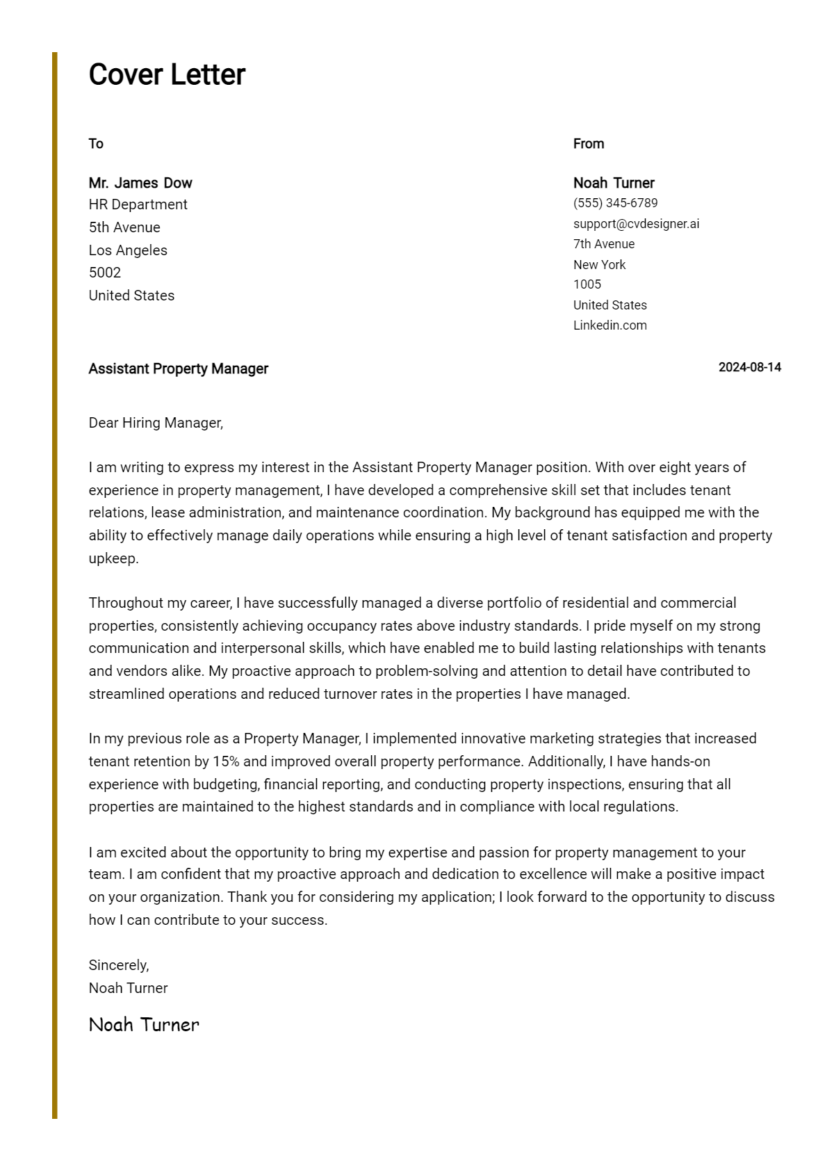 assistant property manager cover letter example