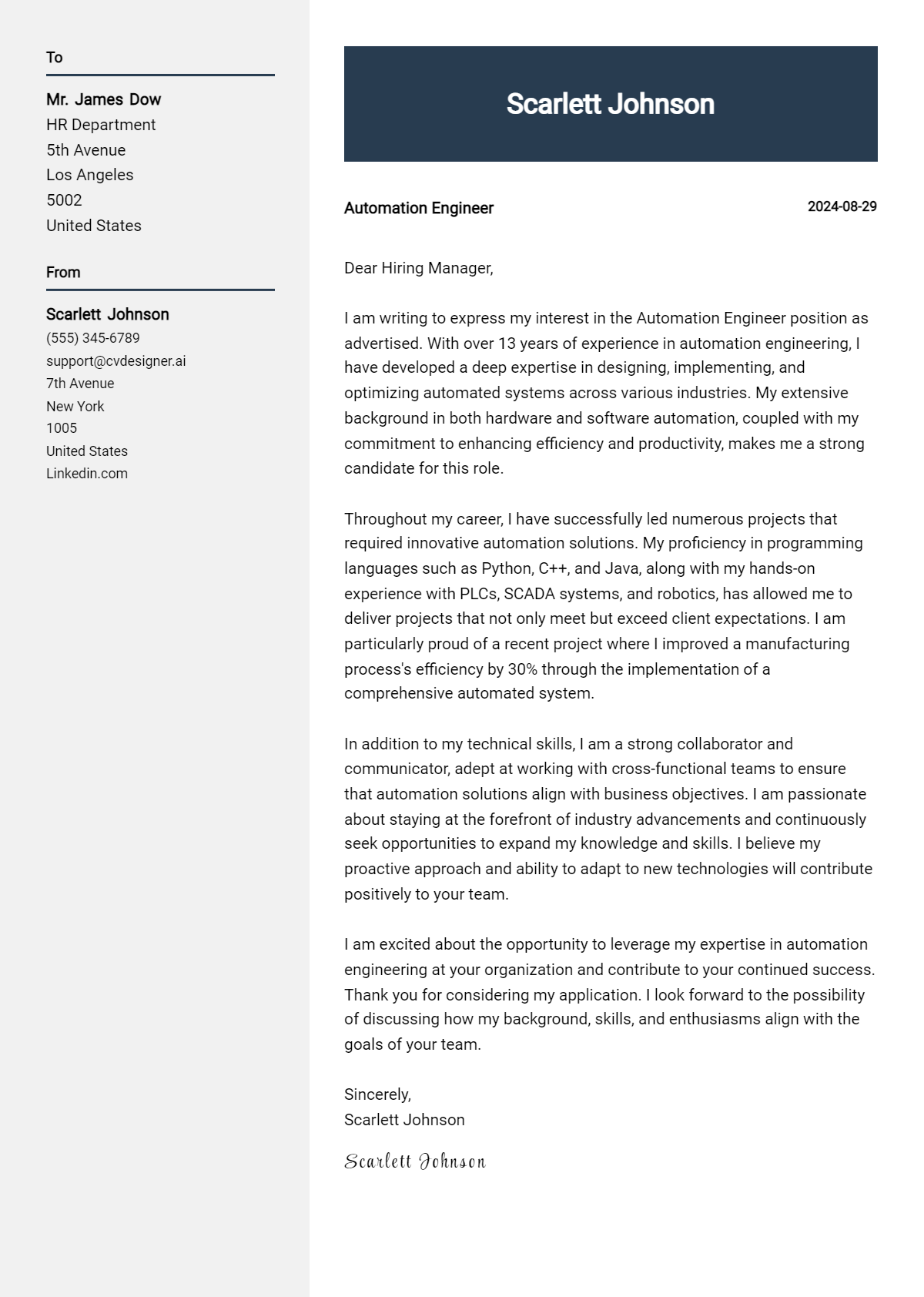 automation engineer cover letter example