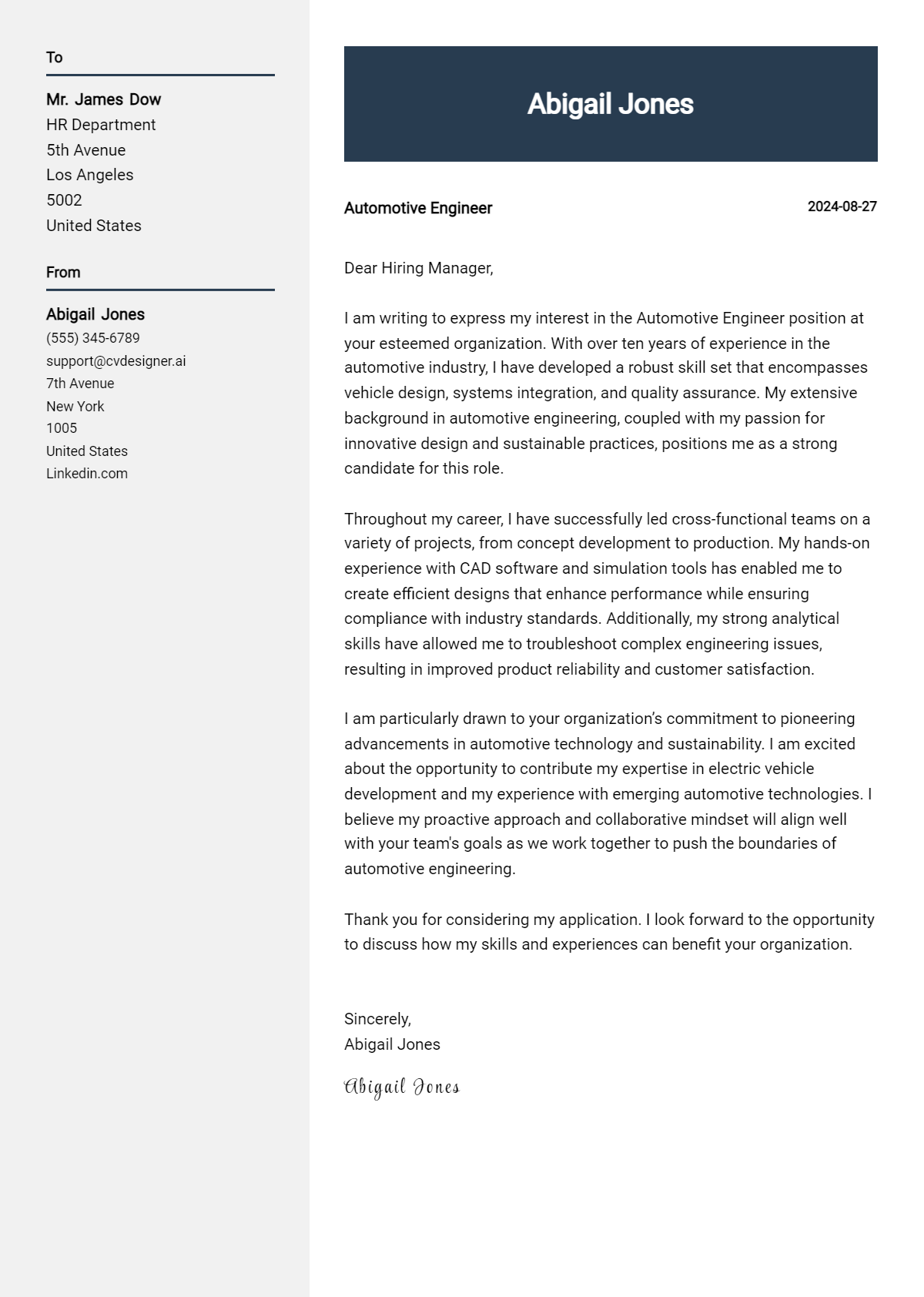 automotive engineer cover letter example