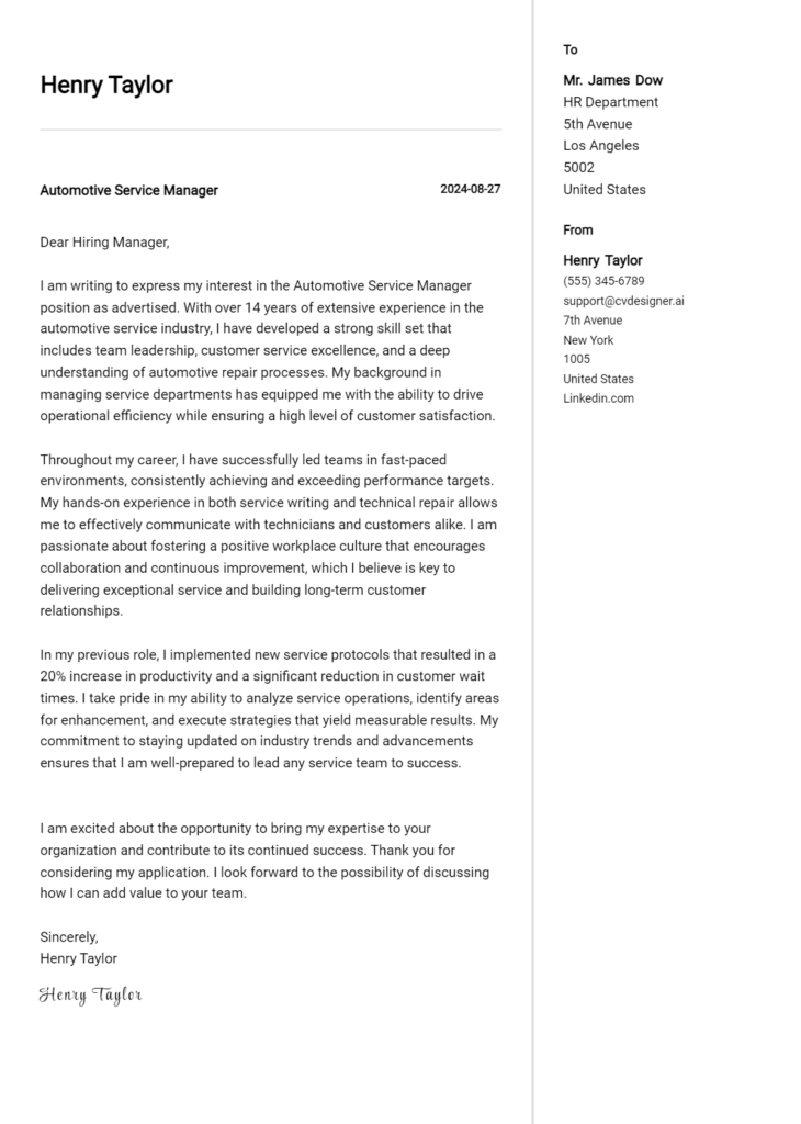 automotive service manager cover letter example