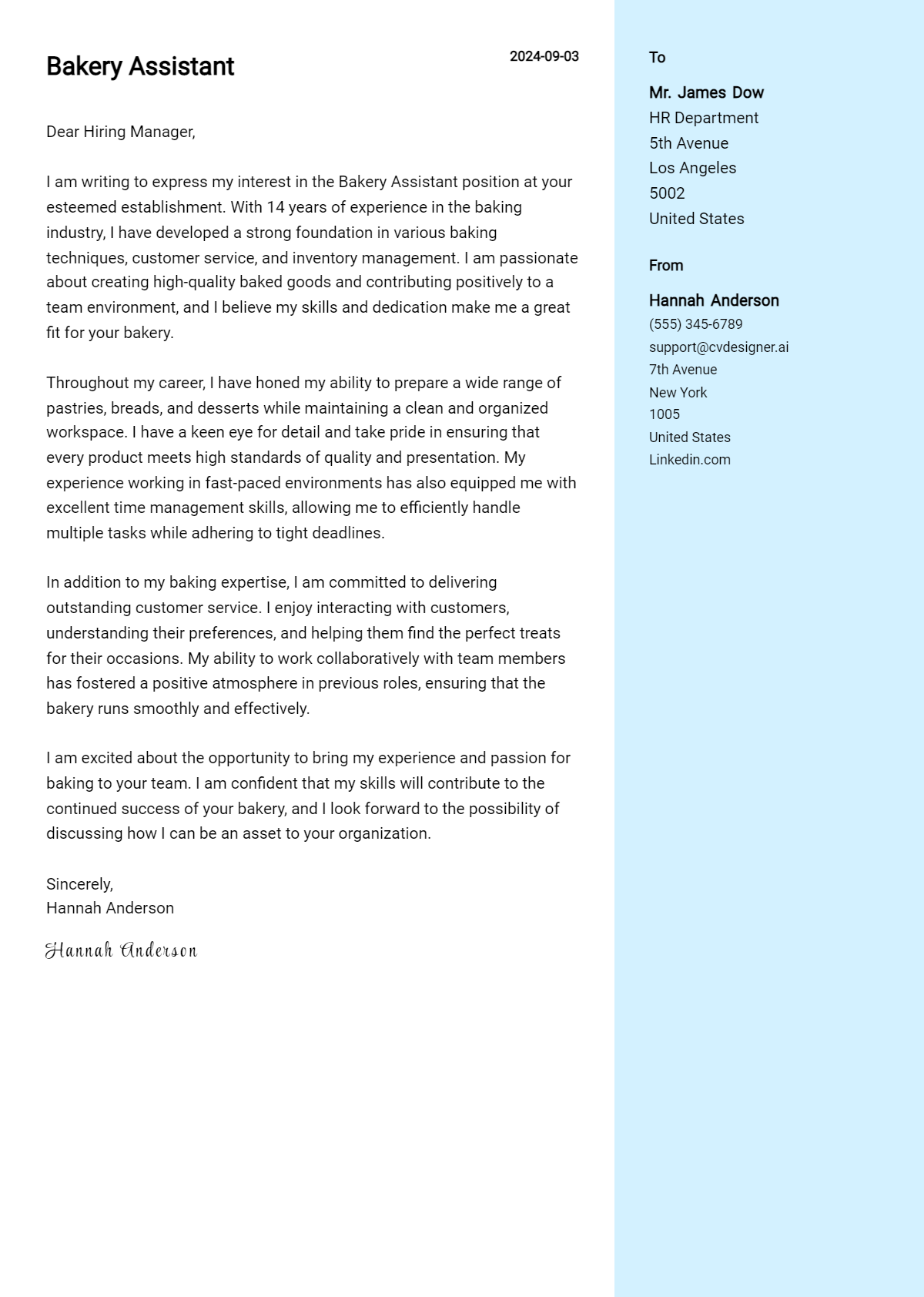 bakery assistant cover letter example