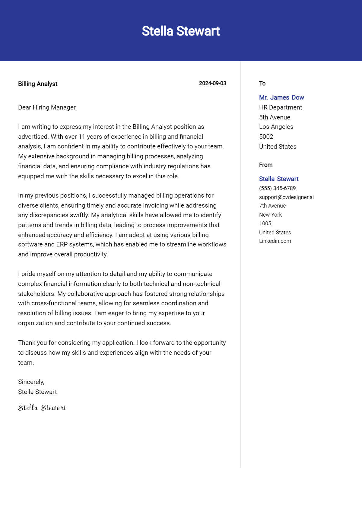 billing analyst cover letter example