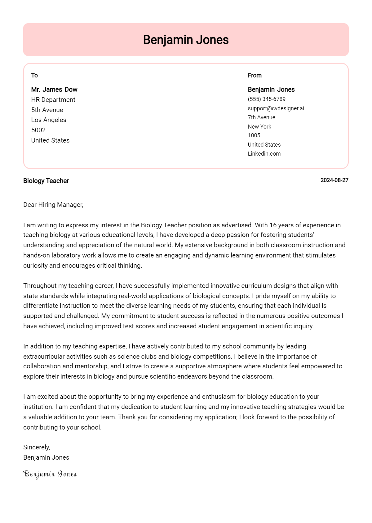 biology teacher cover letter example