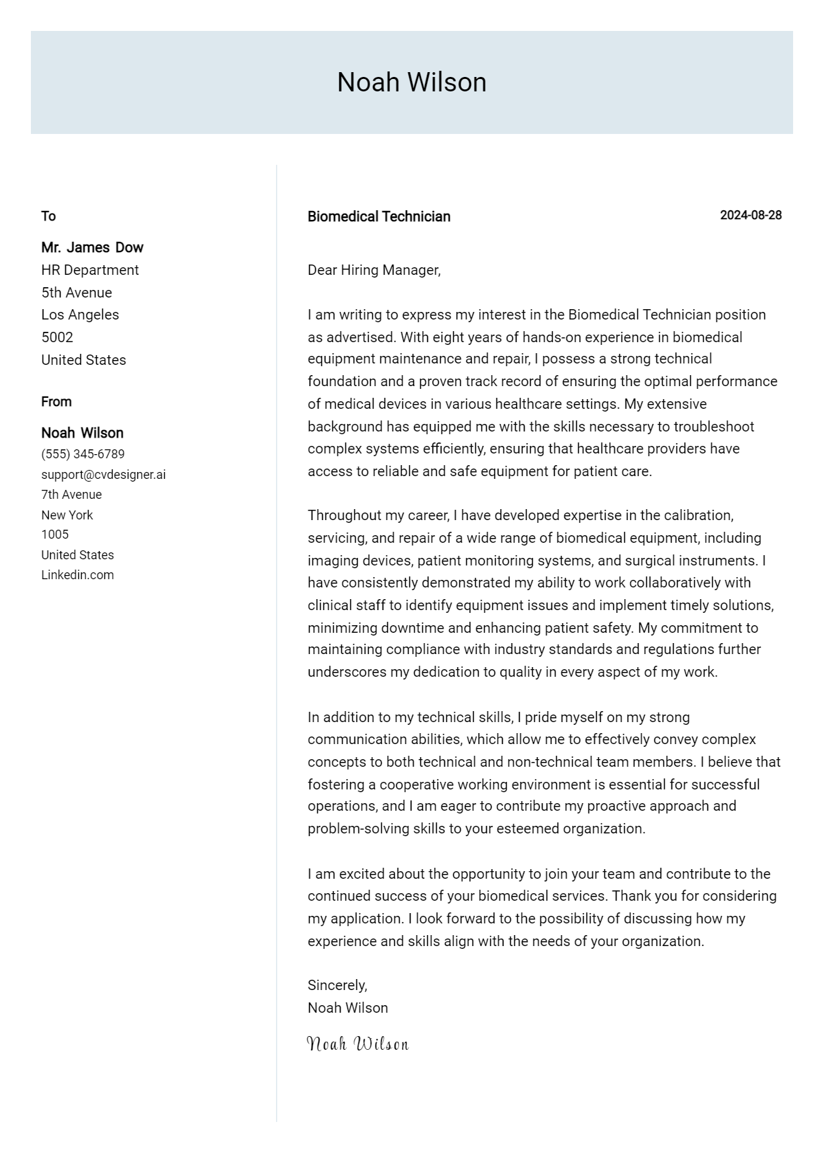 biomedical technician cover letter example