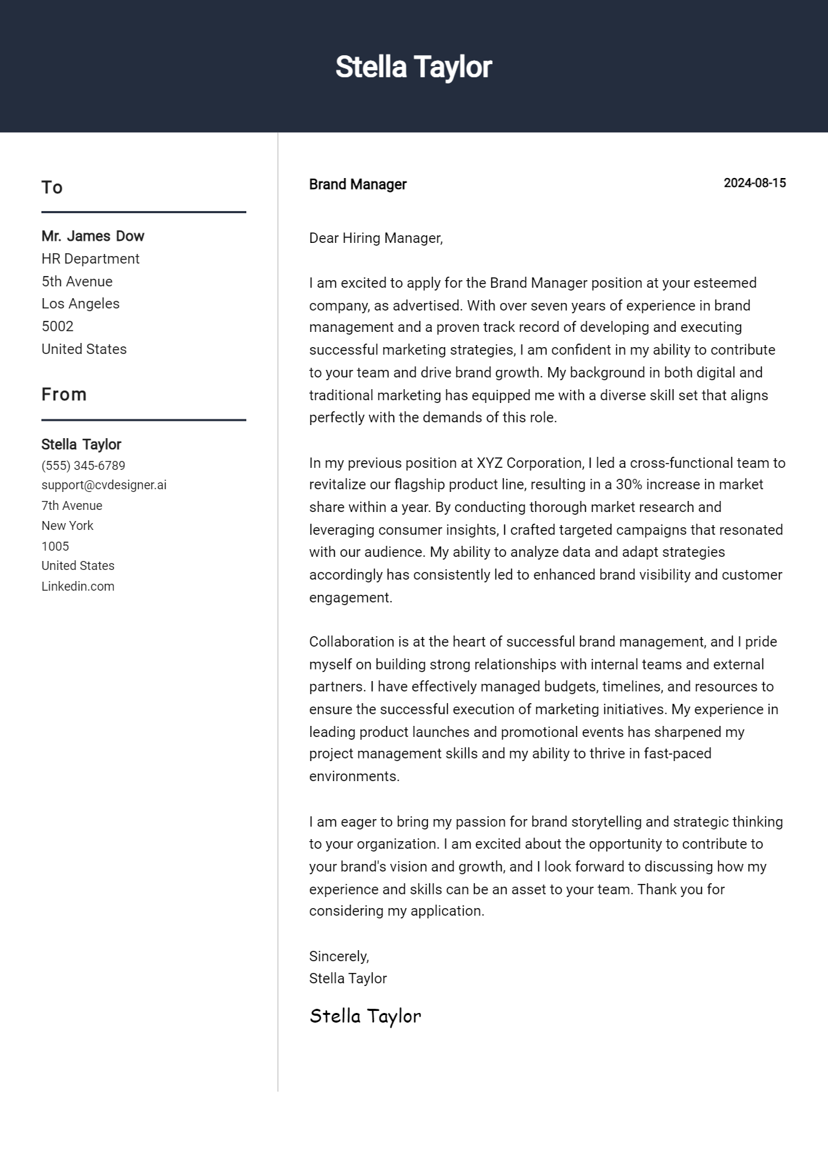 brand manager cover letter example