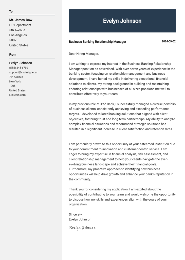 business banking relationship manager cover letter example