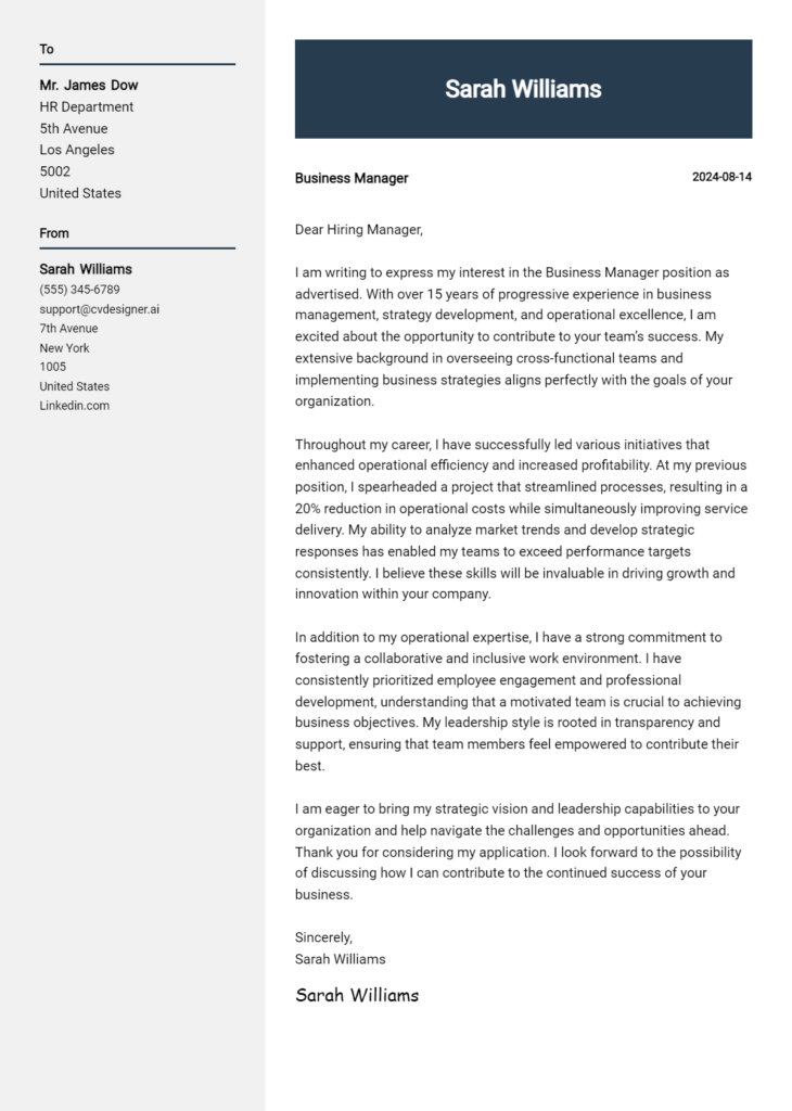 business manager cover letter example