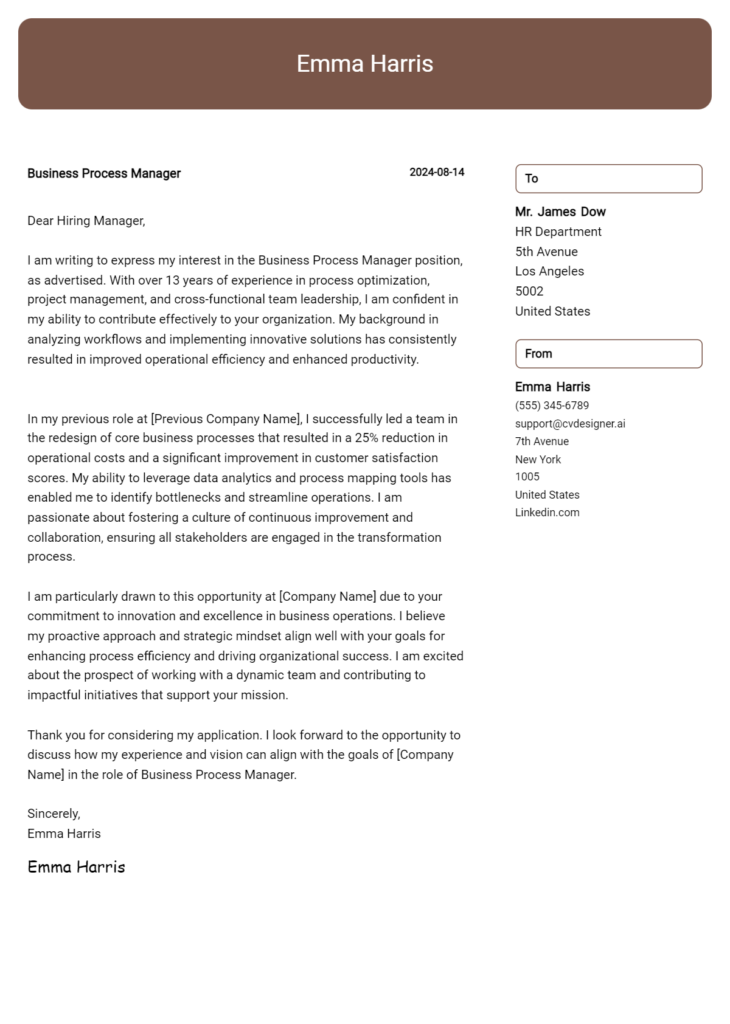 business process manager cover letter example