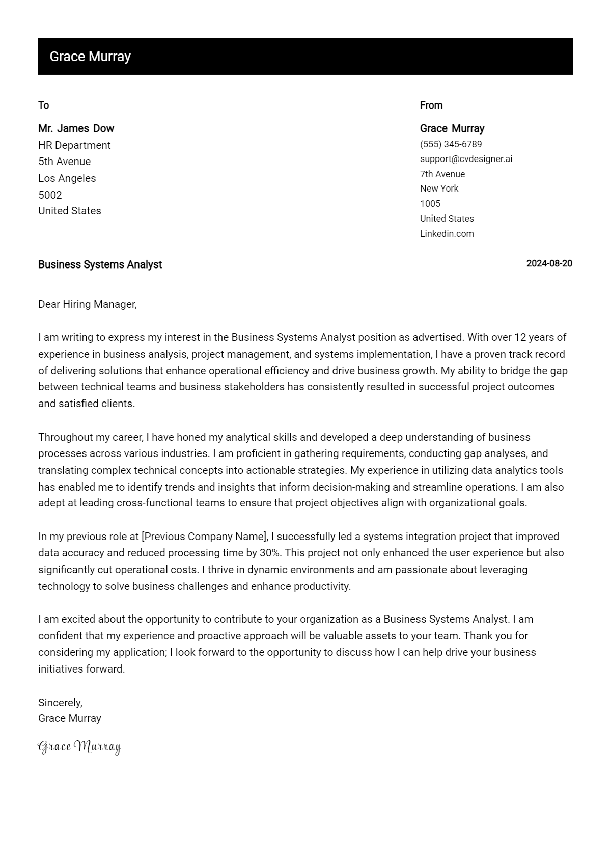 business systems analyst cover letter example