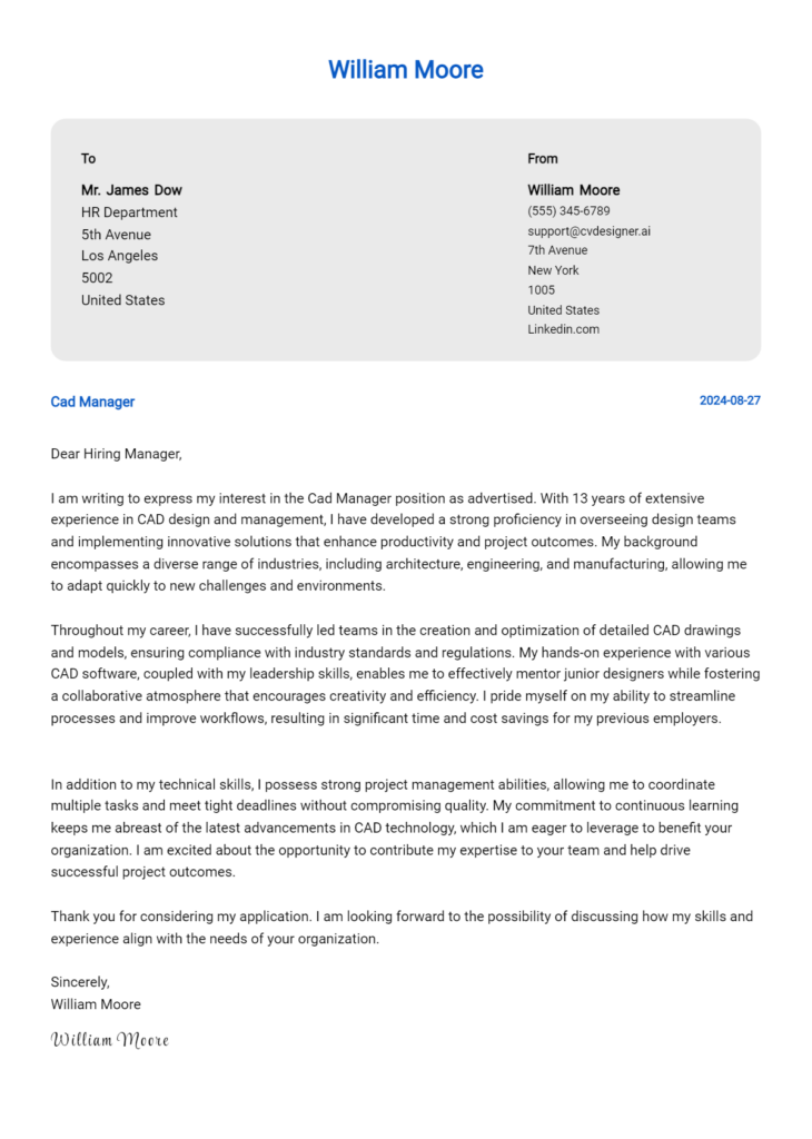 cad manager cover letter example