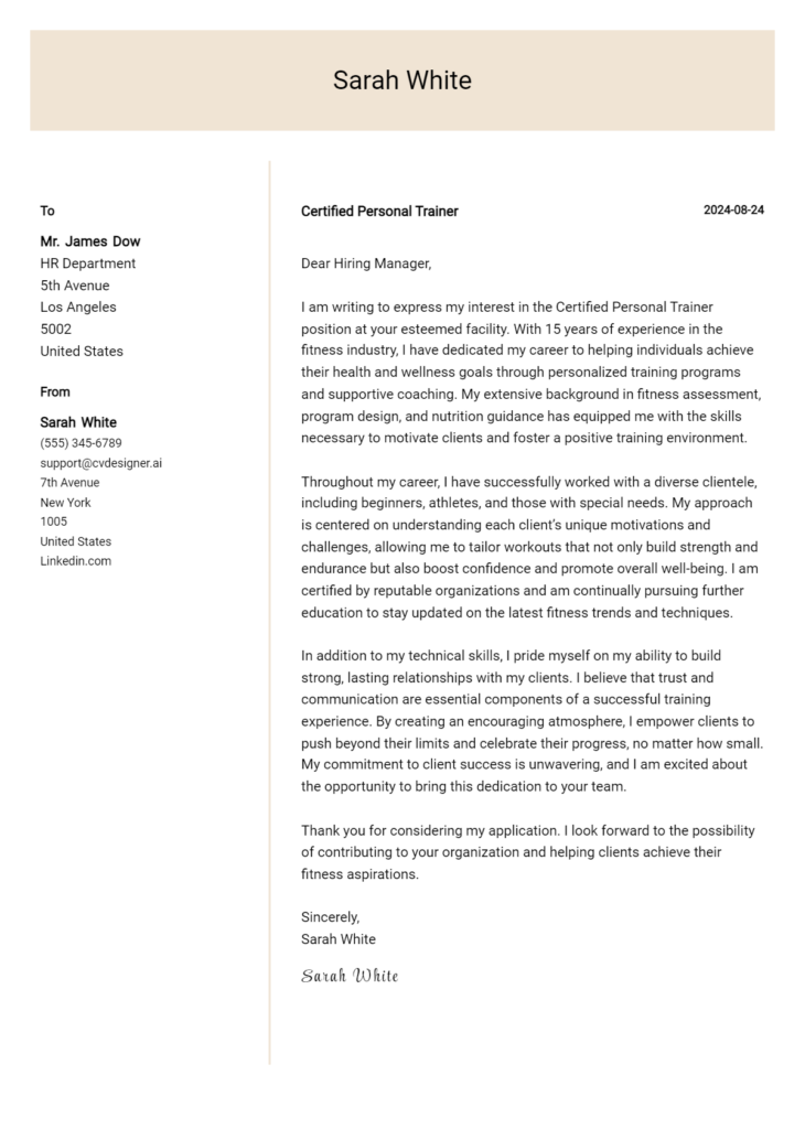 certified personal trainer cover letter example