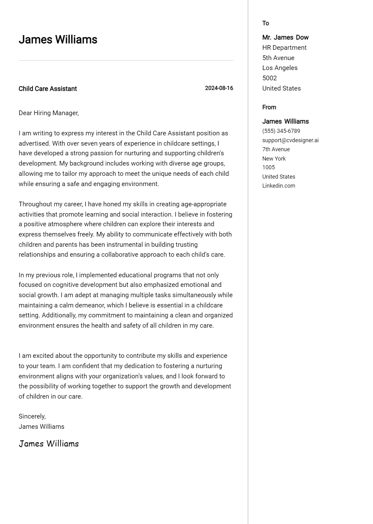 child care assistant cover letter example