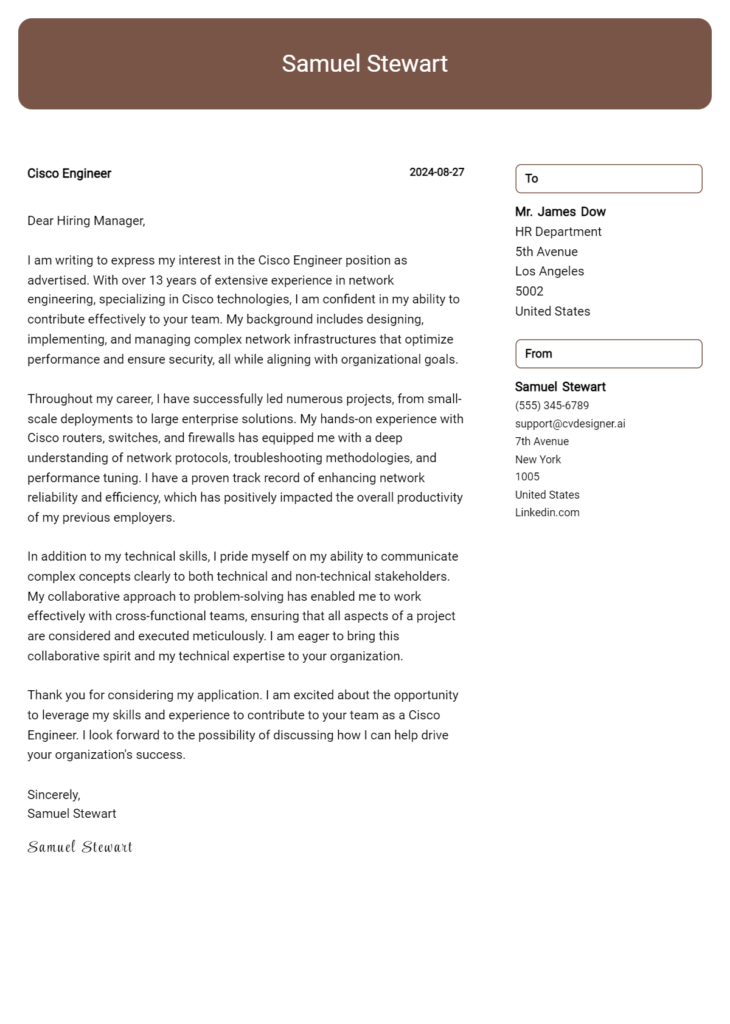 cisco engineer cover letter example