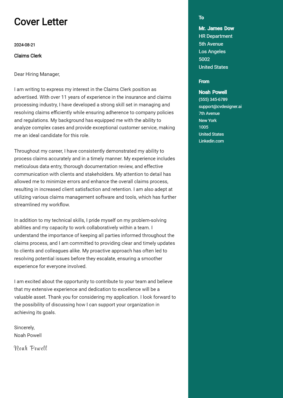 Claims Clerk Cover Letter Examples and Templates for 2024 - CVDesigner.ai