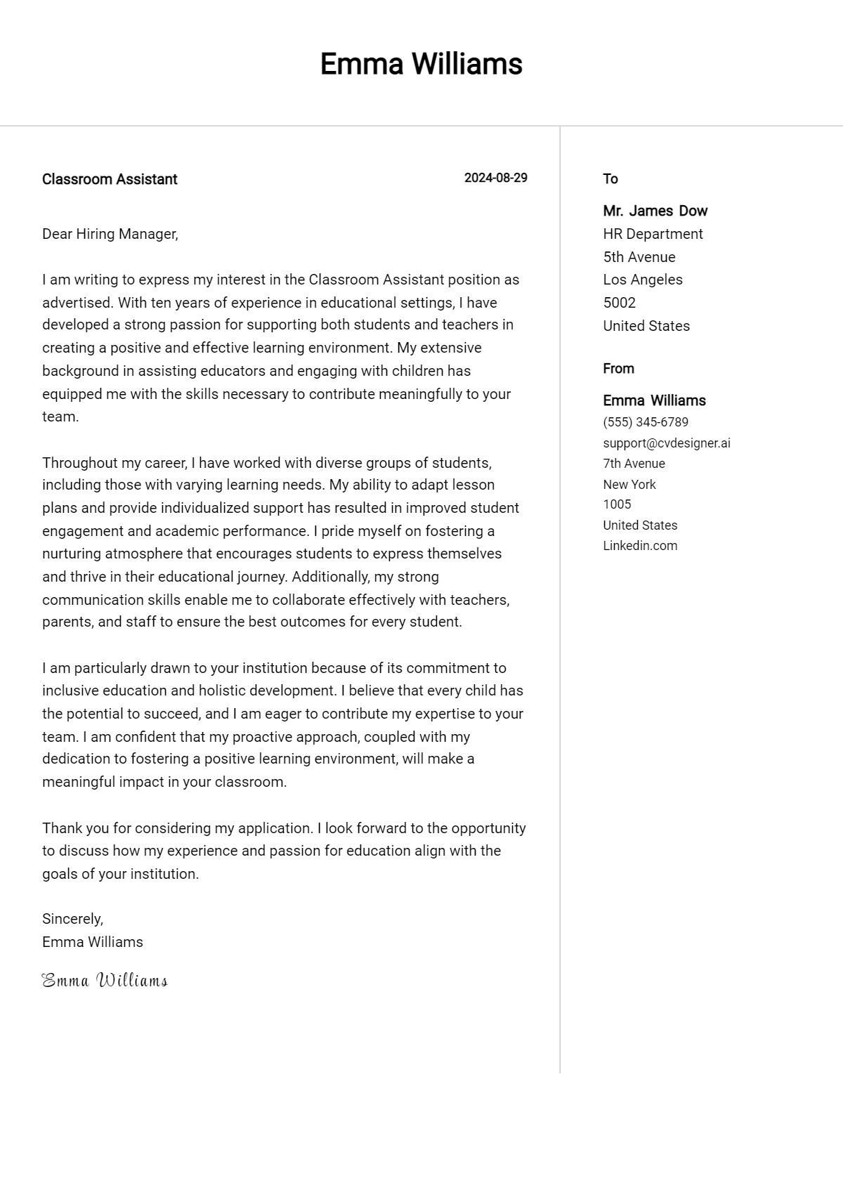 classroom assistant cover letter example