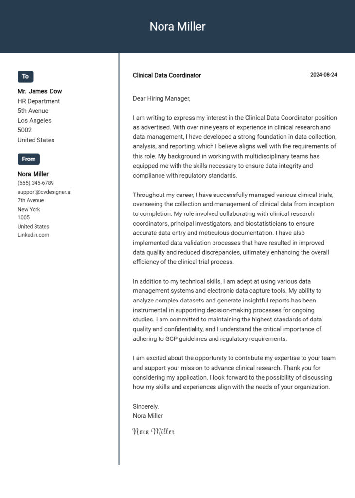 clinical data coordinator cover letter example