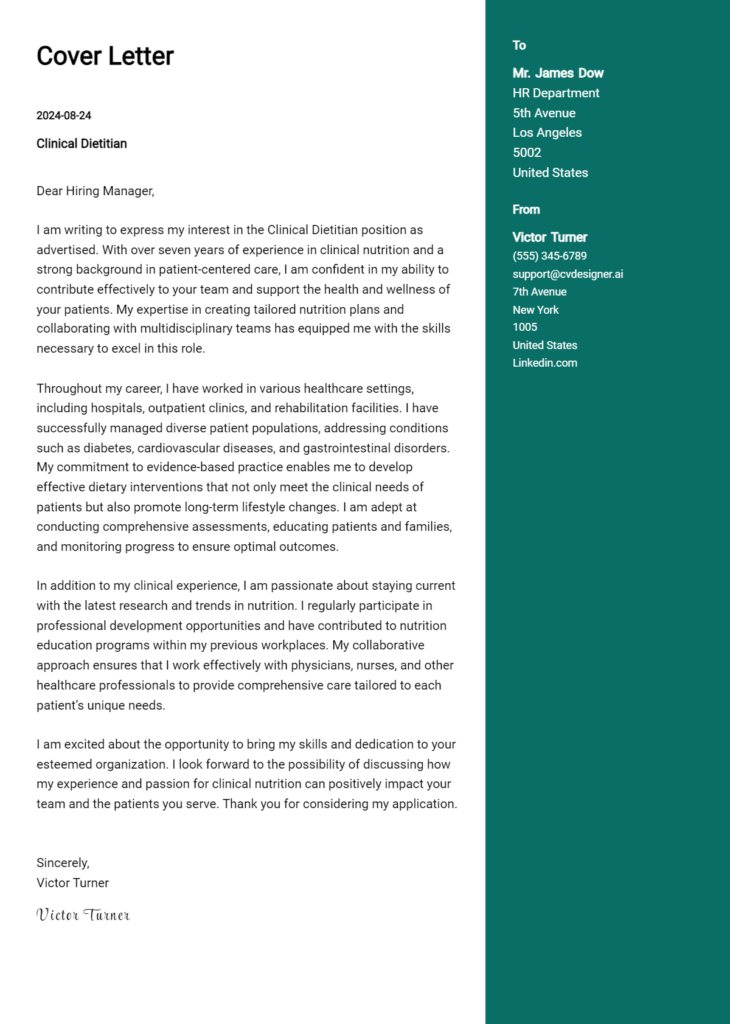 clinical dietitian cover letter example