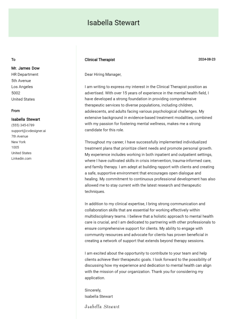 clinical therapist cover letter example