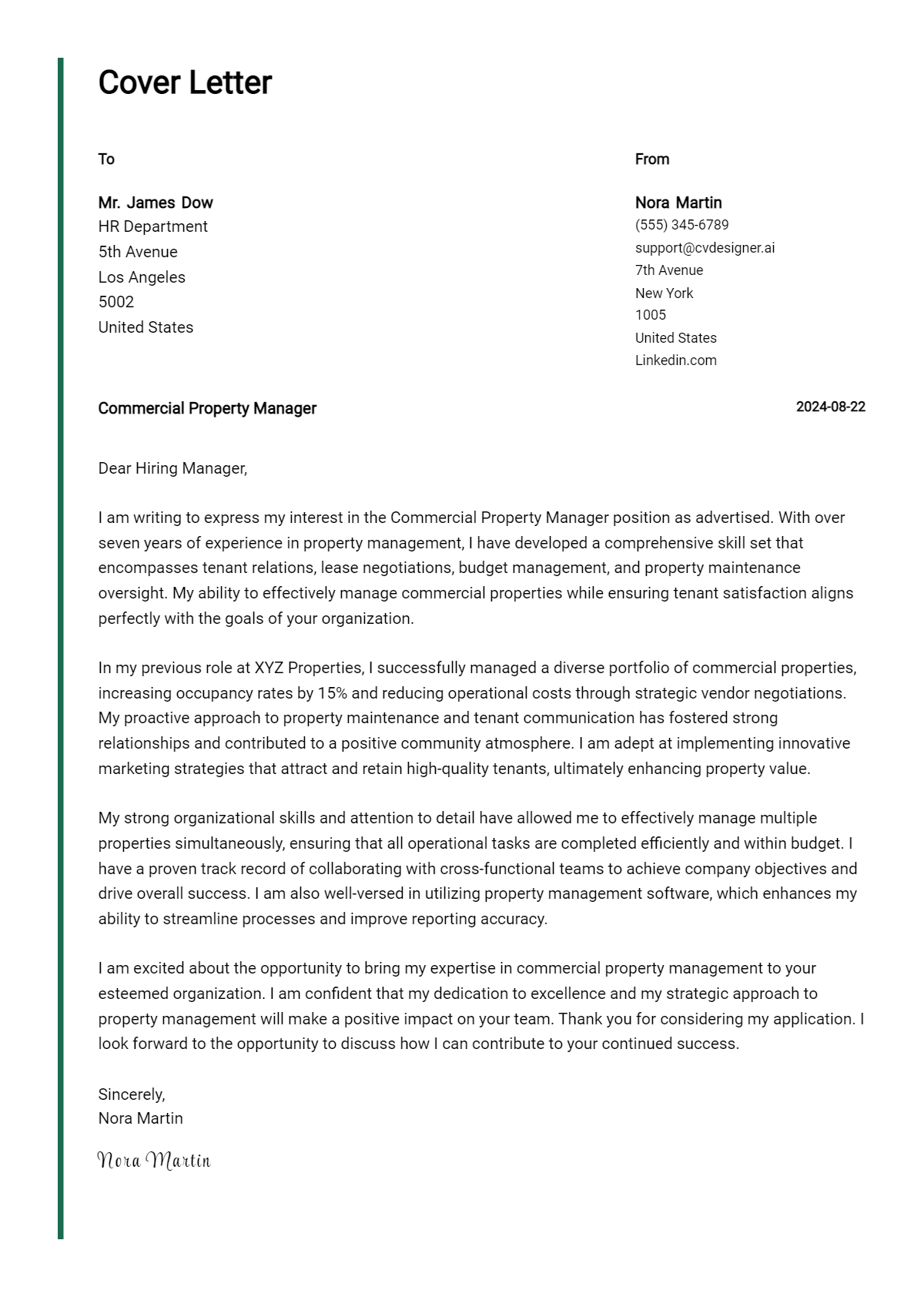 commercial property manager cover letter example