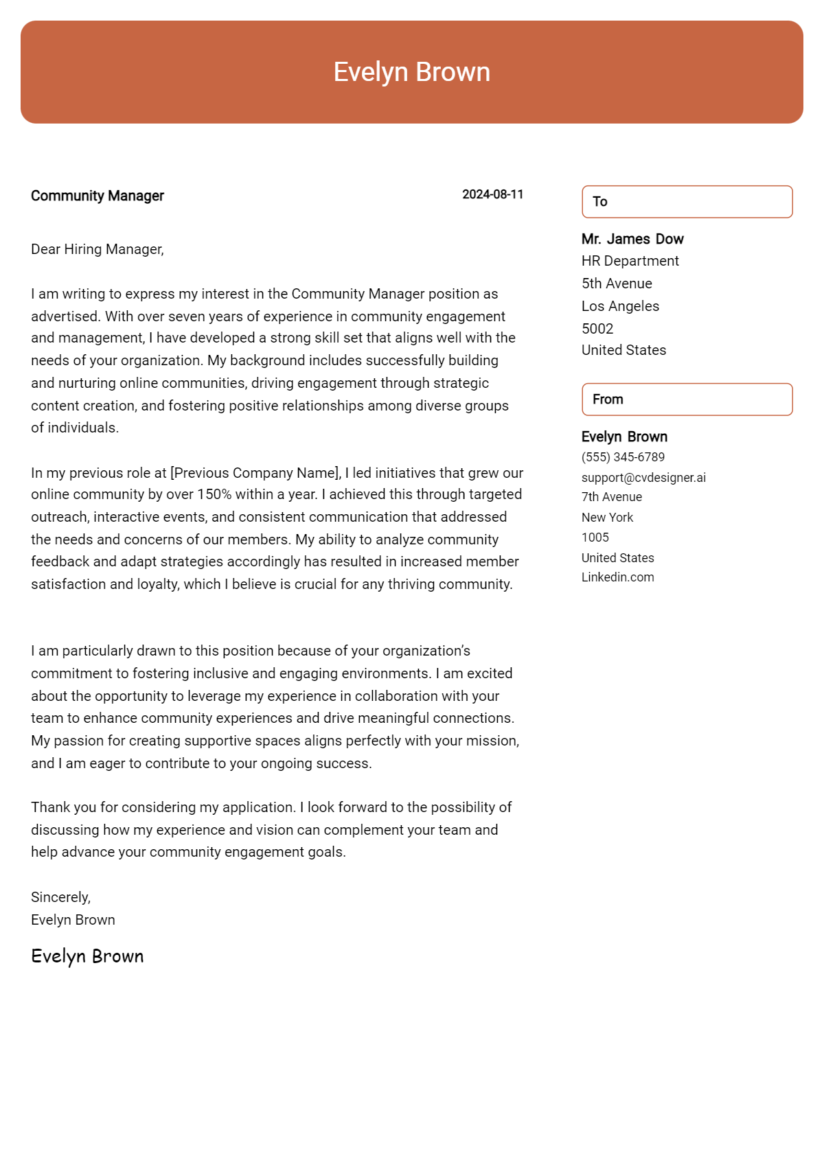 community manager cover letter example