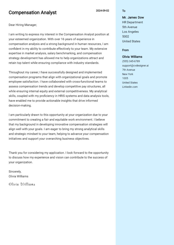 compensation analyst cover letter example