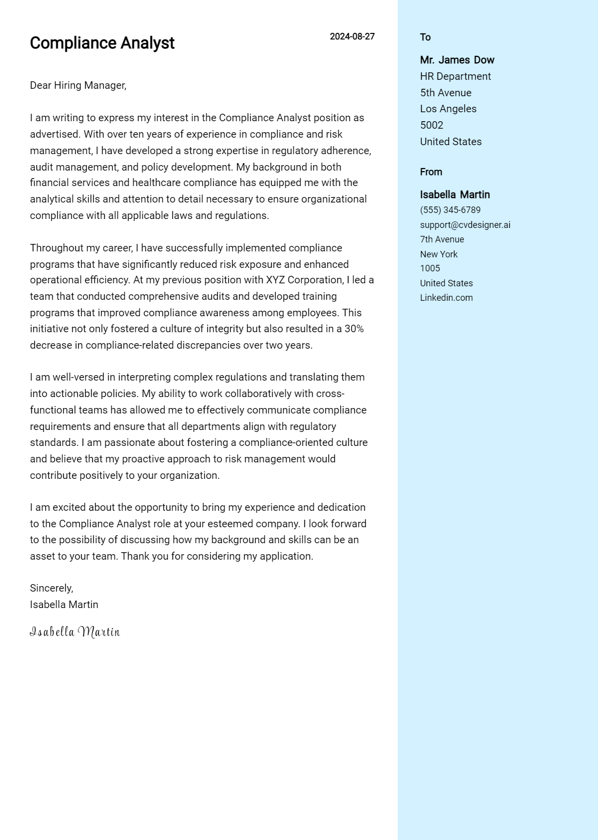 compliance analyst cover letter example