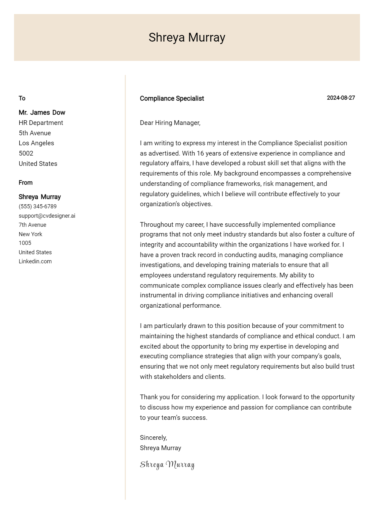 compliance specialist cover letter example