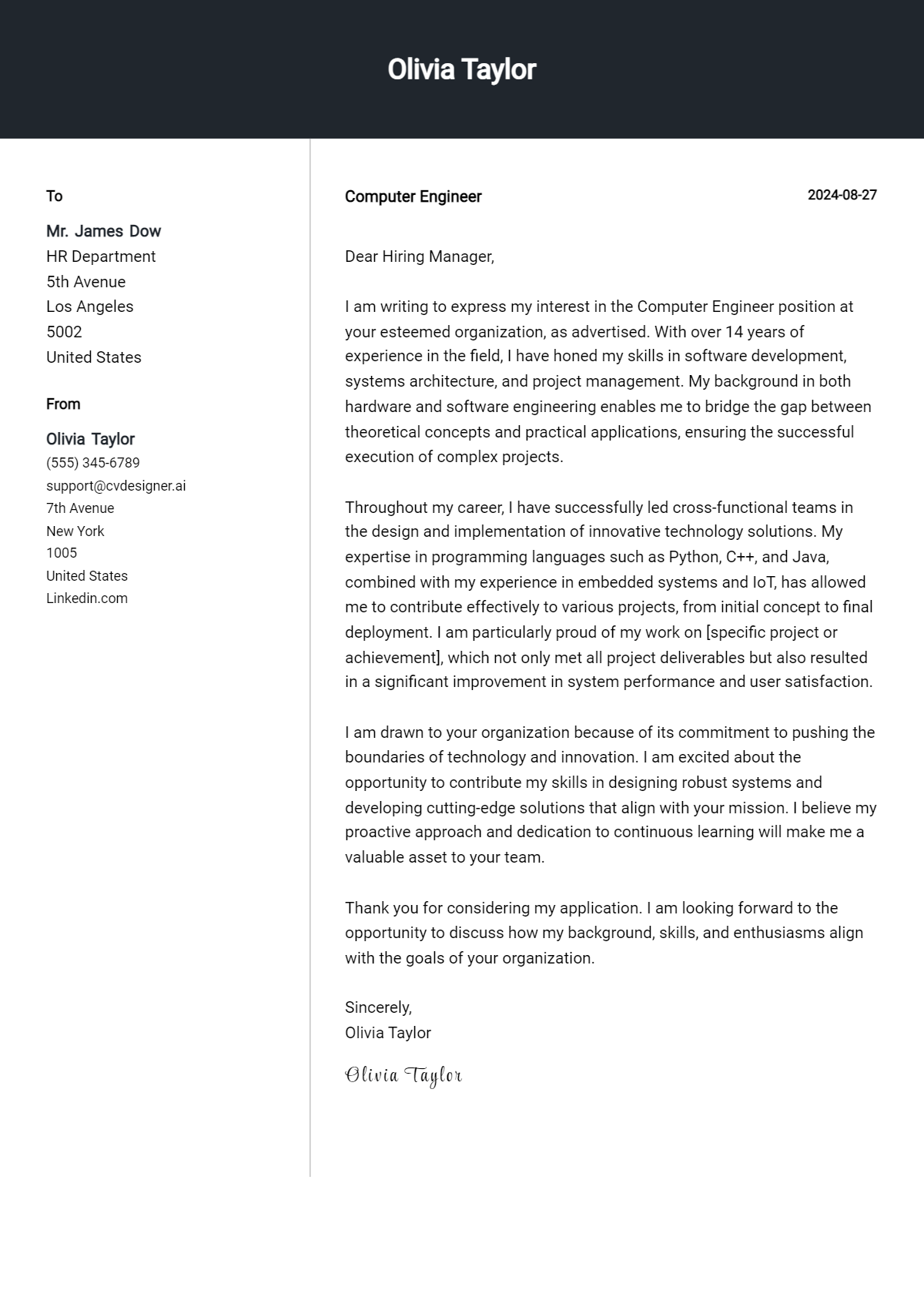 computer engineer cover letter example