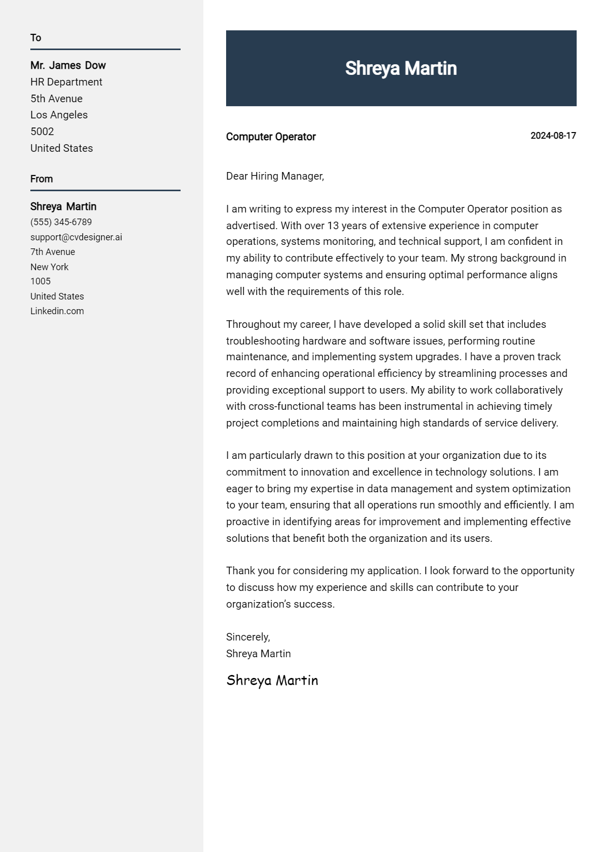 computer operator cover letter example