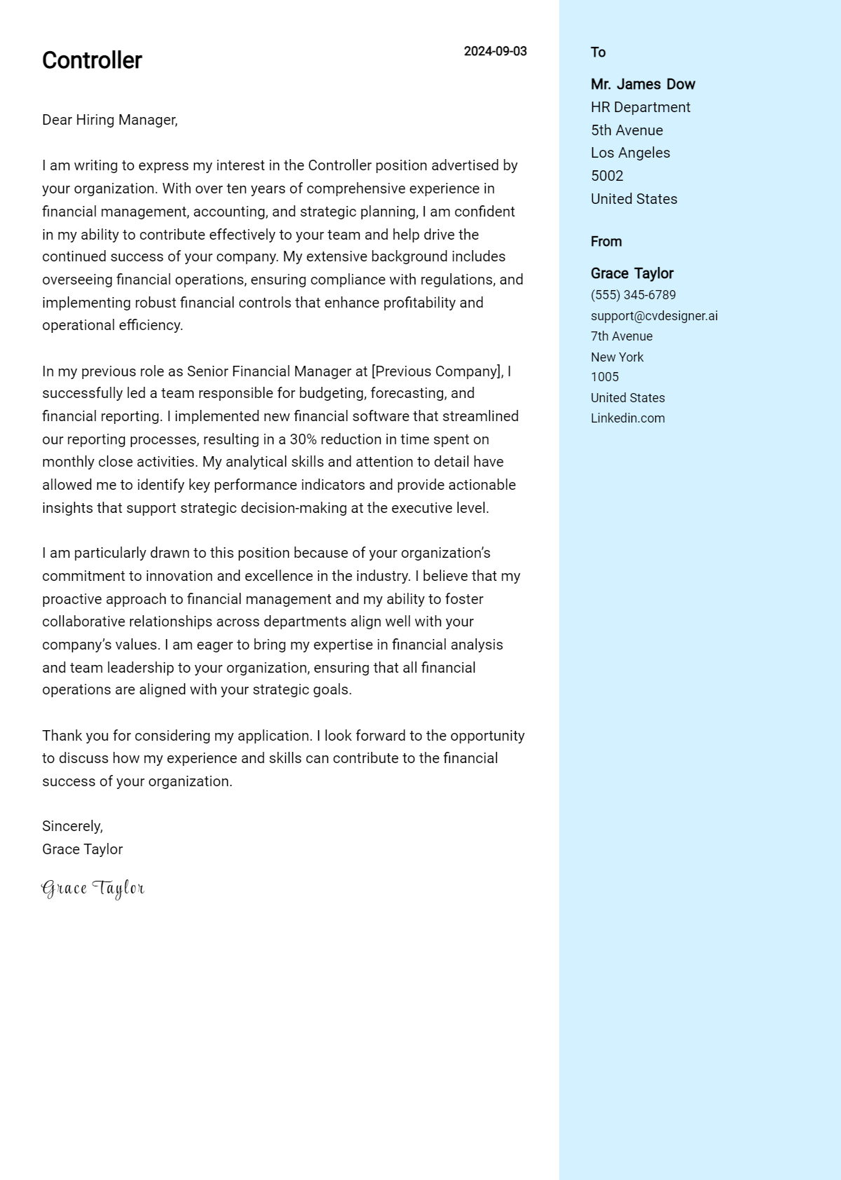 controller cover letter example